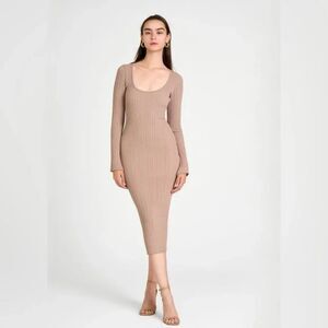 WAYF Ribbed Long Sleeve Bodycon Midi Dress - Nude - Size M